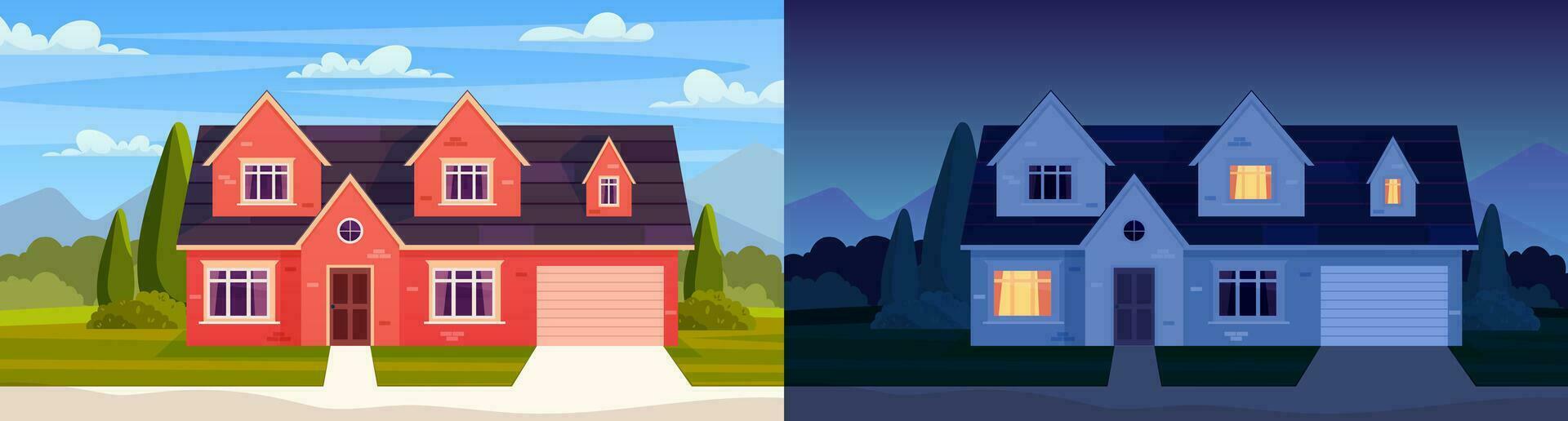 Day and night house. Street in suburb district with residential house. cartoon landscape with suburban cottage. City neighborhood with real estate property. Vector illustration in a flat style