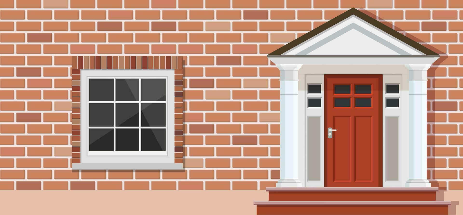 Wooden door and Window on brick house front view, architecture background, building home real estate backdrop. Vector illustration in flat style