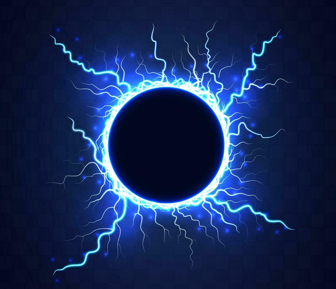 realista magia circulo de trueno tormenta azul relámpagos magia y brillante Encendiendo efectos eléctrico círculo. redondo marco con electricidad y relámpagos vector