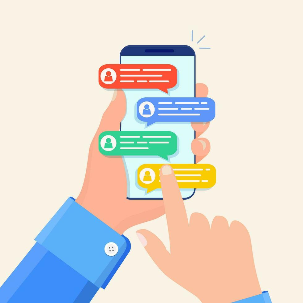 Online chat messages text notification on mobile phone. Hand holds smartphone sms speech bubbles push alerts on screen, digital or electronic chatting on cellphone. Vector illustration in flat style