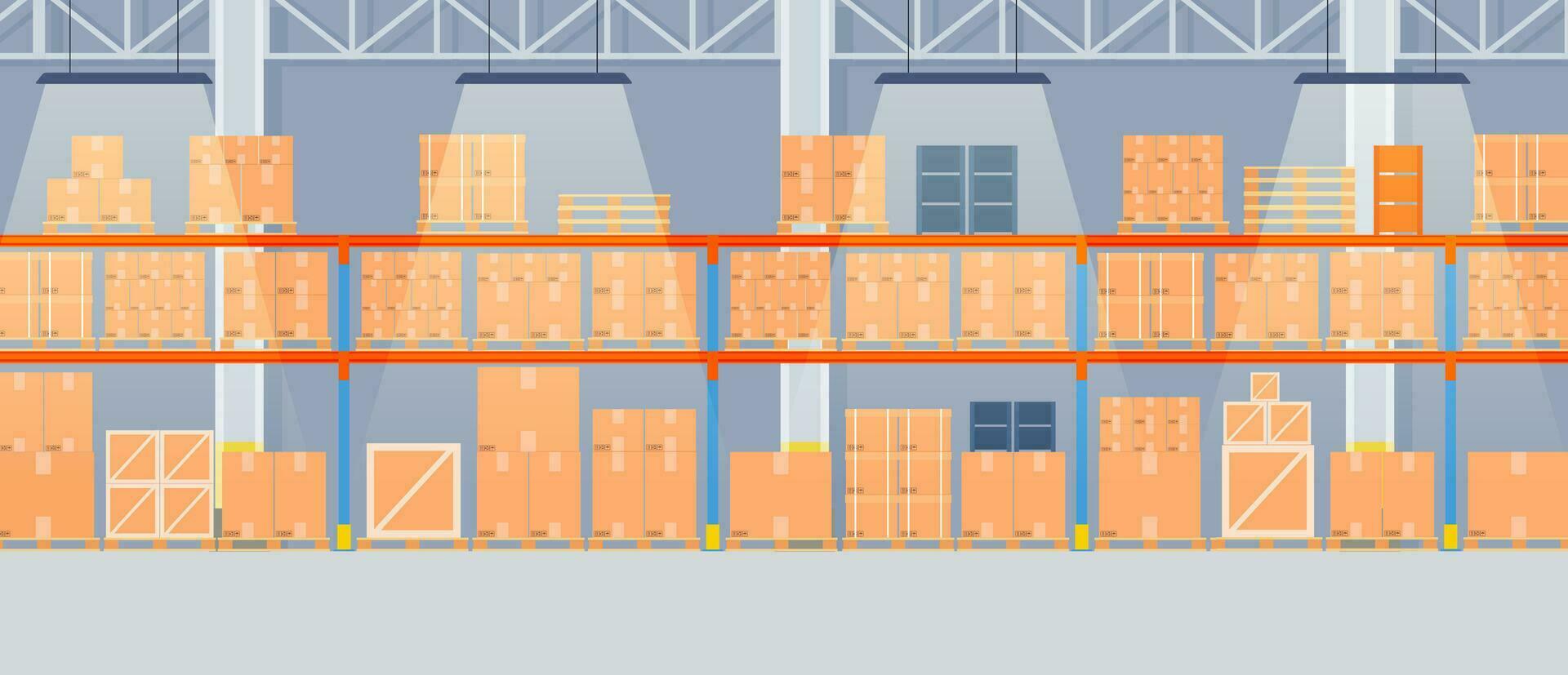 Warehouse interior with cardboard boxes on metal racks. empty Warehouse interior with goods, pallet trucks and container package boxes. Storage room in store, market. Vector illustration in flat style