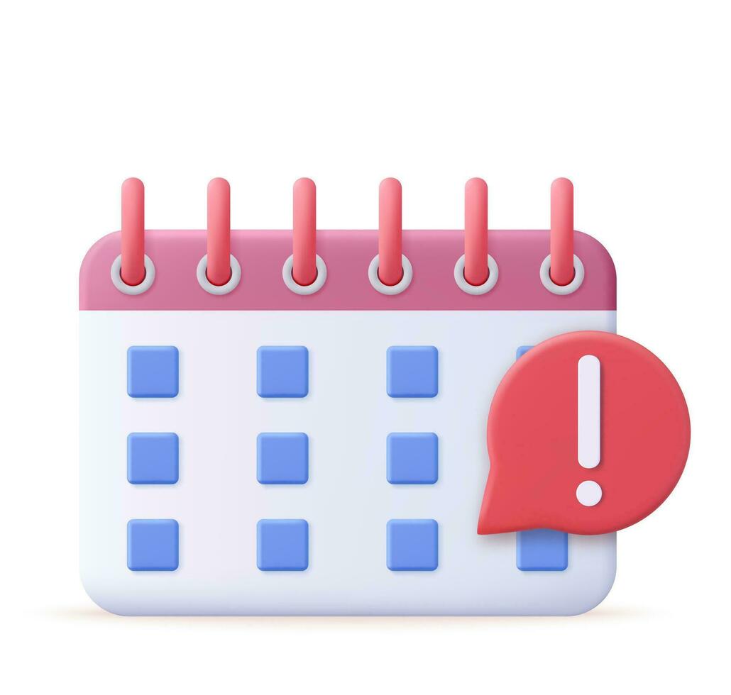 3d Calendar assignment icon. Notification icon and calendar deadline. Planning concept. Day month year time concept. 3d rendering. Vector illustration