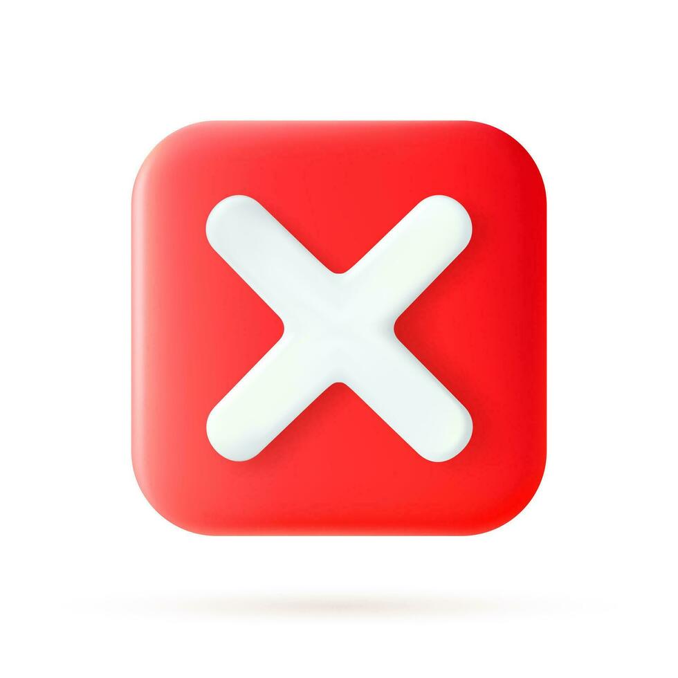 Cancel cross icon isolated over white background. 3D rendering. Red cross check mark icon button and no or wrong symbol on reject cancel sign button. Vector illustration