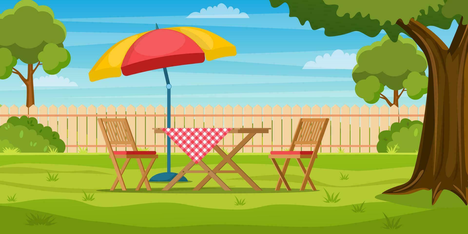 House backyard with green grass lawn, trees and bushes. Cartoon table and chairs garden modern furniture with large umbrella. Outdoor area for BBQ summer parties. Vector illustration in flat style