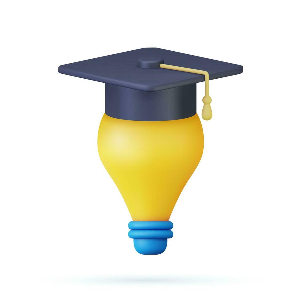 3d idea y educación concepto icono bombilla. 3d representación de graduación gorra en amarillo ligero bulbo. vector ilustración