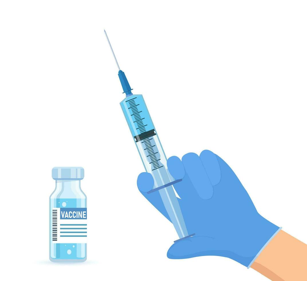 Ampoule and syringe with medicament. Coronavirus covid 19 vaccination concept. Injection syringe needles. Medical equipment. Healthcare, hospital and medical diagnostics. vector