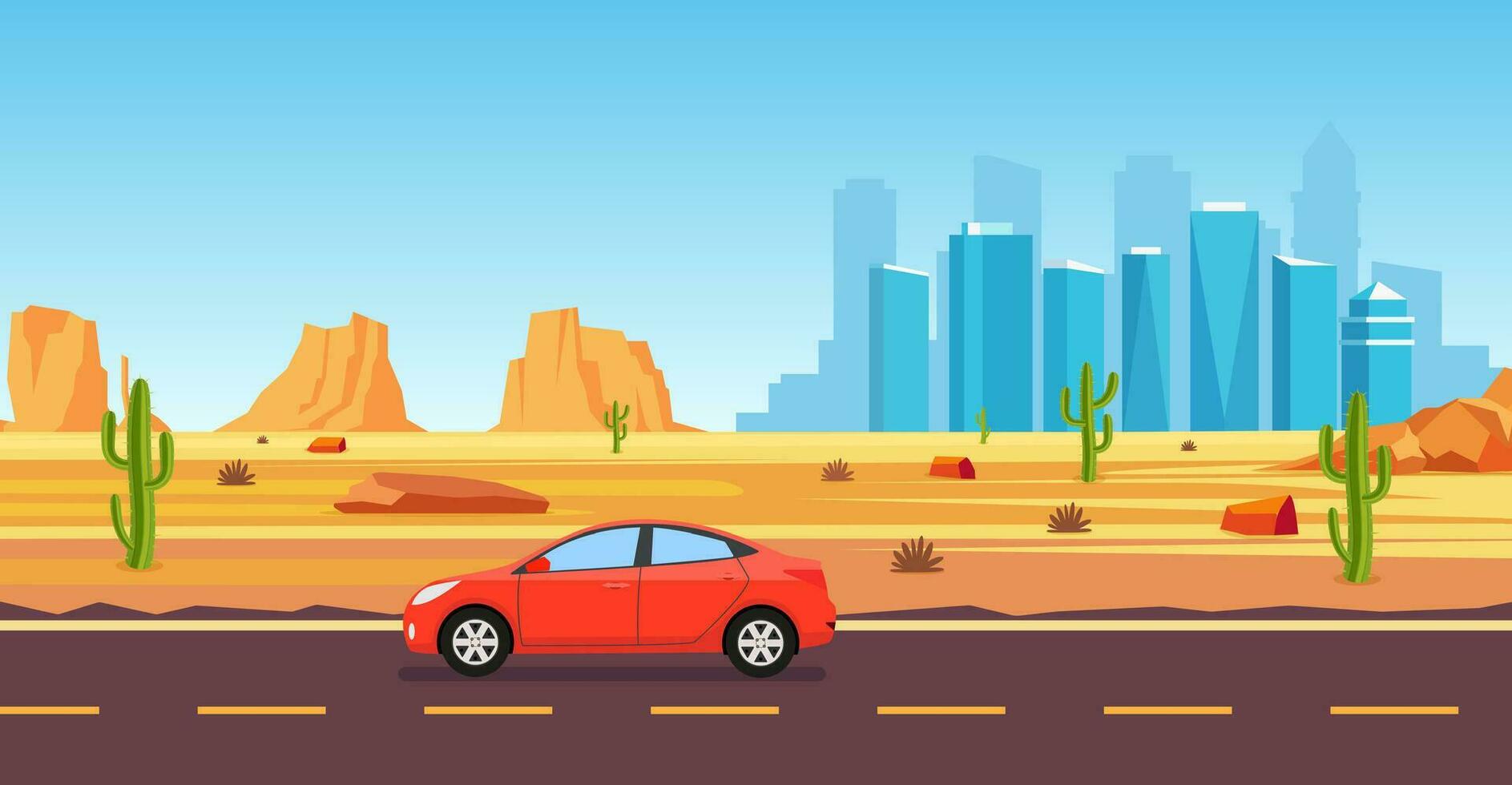 desert landscape. Cactus plants,road,city and rocks on the sands. Red Car Driving on a Road in the desert. landscape Arizona or Mexico hot sand. Vector illustration in flat style