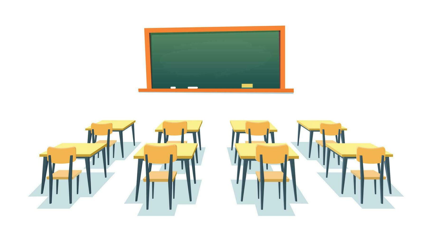 School chalkboard and desks. Empty blackboard, elementary classroom wooden desk table and chair education board furniture isolated on white background. Vector illustration in a flat style