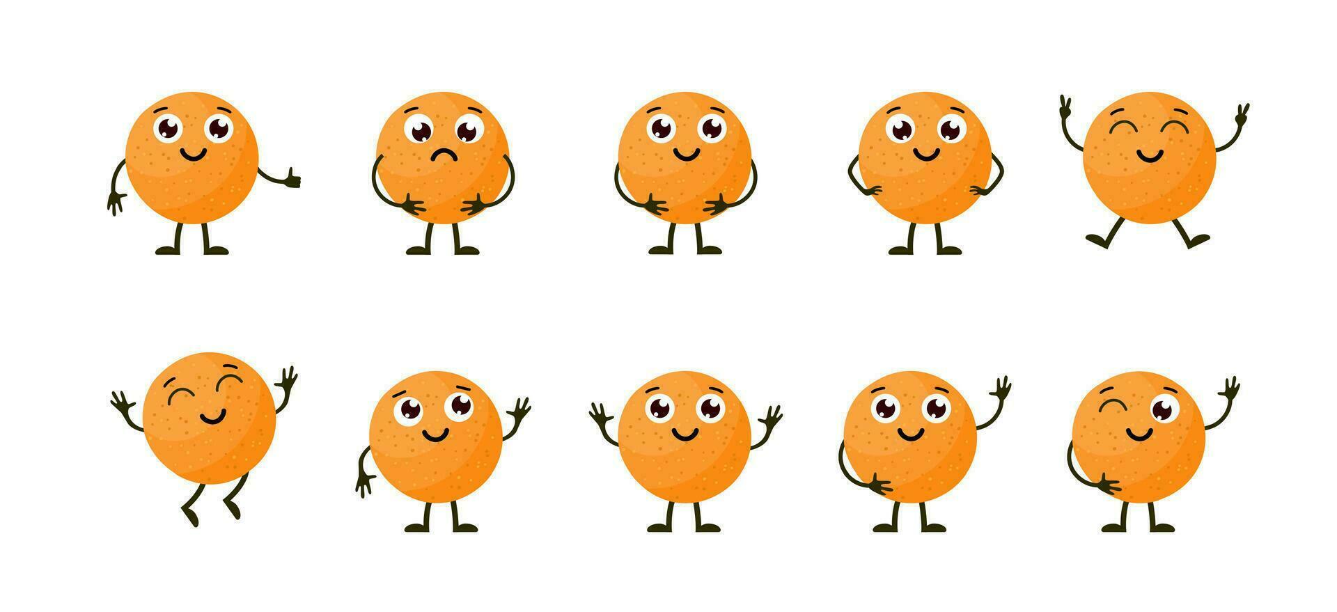 dibujos animados gracioso frutas contento naranja con rostro. verano Fruta naranja caracteres aislado en blanco. vector ilustración en plano estilo