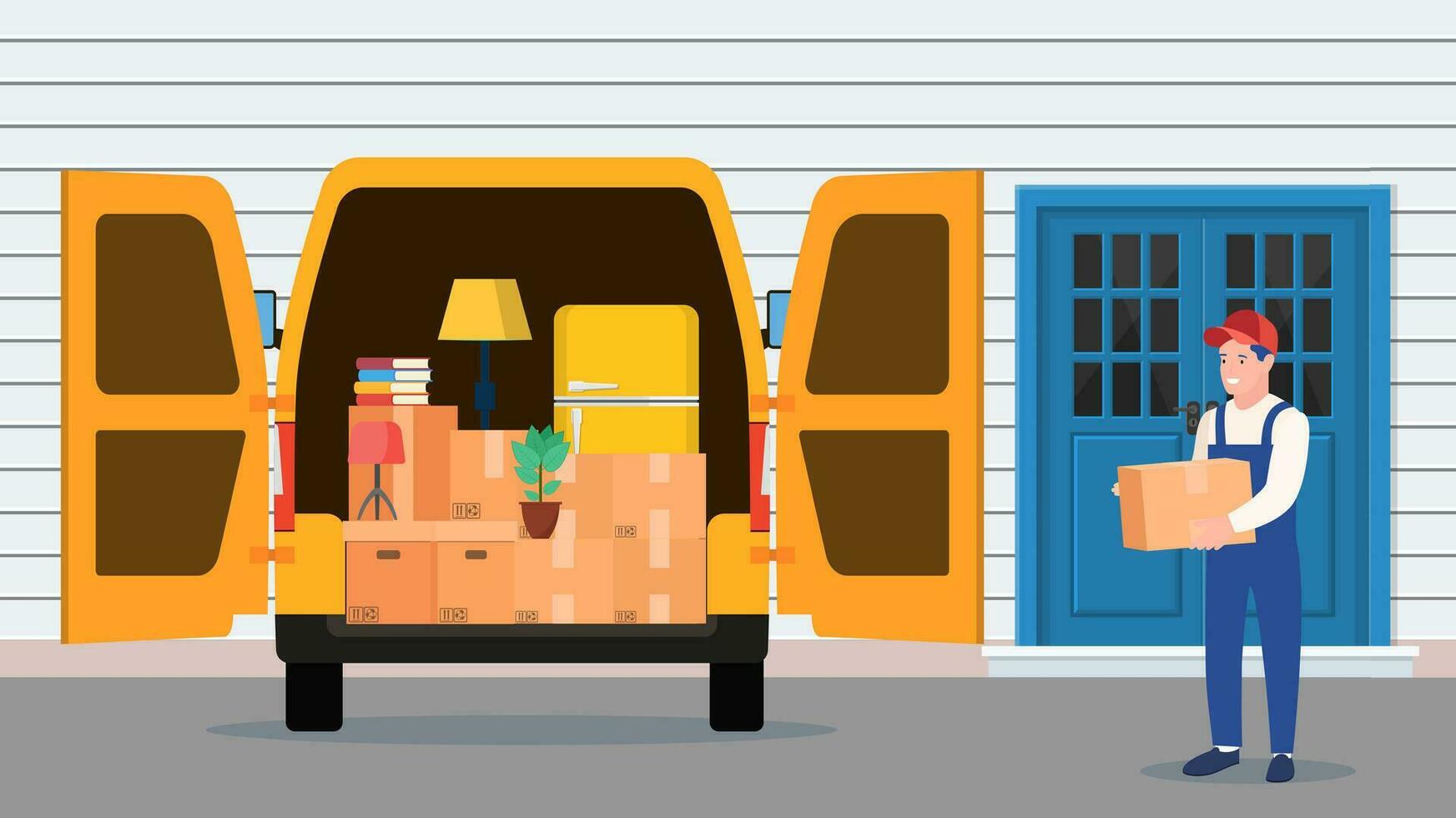 Moving to new house. Family relocated to new home. Male mover, paper cardboard boxes near house facade. Package for transportation. Delivery truck, household items. vector illustration in flat style