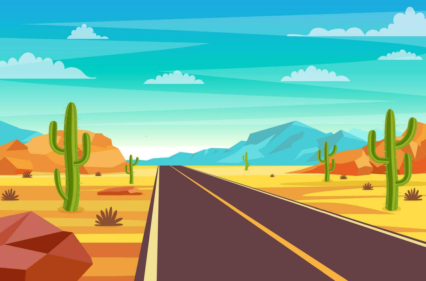 Empty highway road in desert. Sandy desert landscape with road, rocks and cactuses. Summer western american landscape. highway in Arizona or Mexico hot sand. Vector illustration in flat style