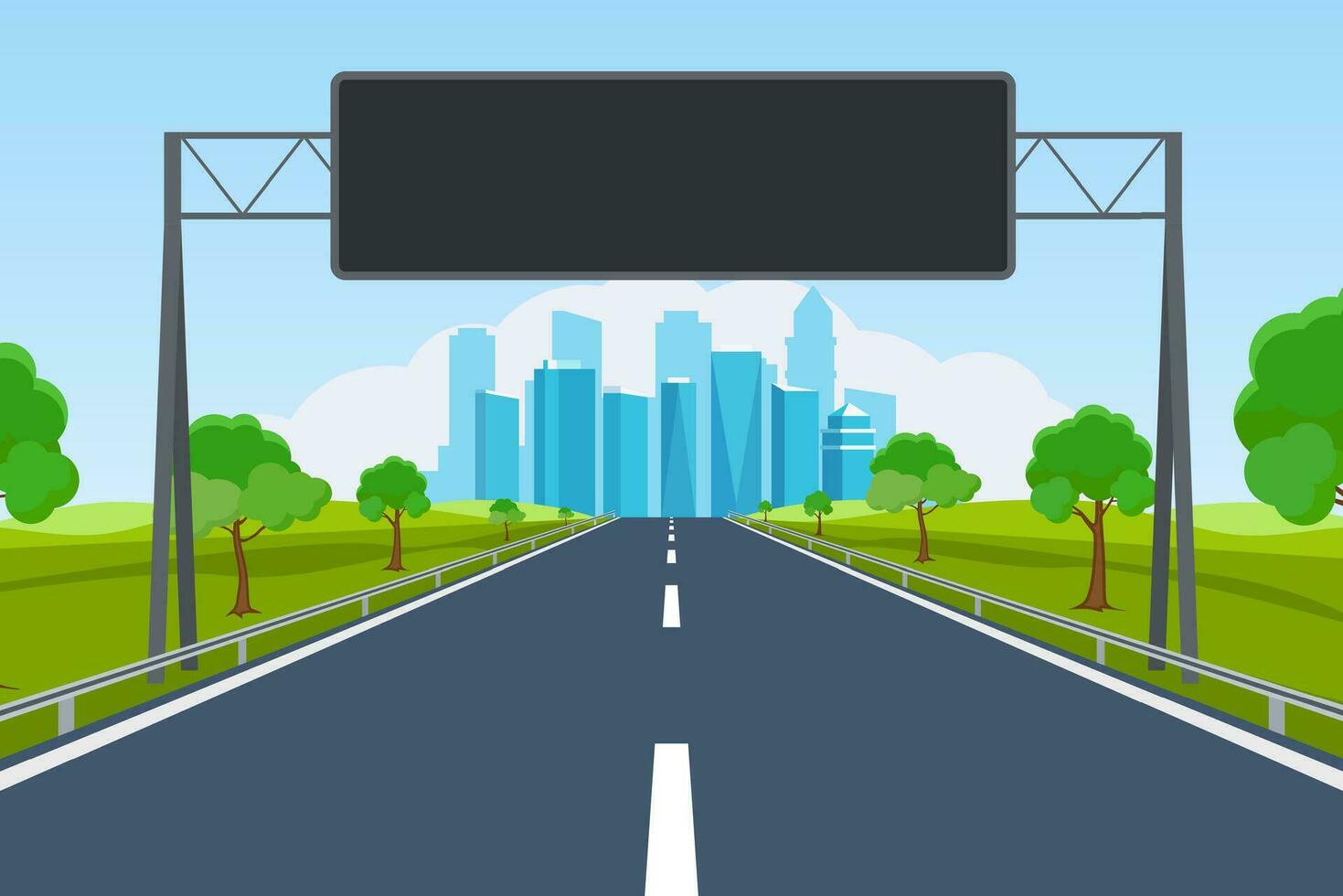 highway road. Empty road with city skyline on horizon and nature landscape. road to city with information dashboard. vector illustration in flat design