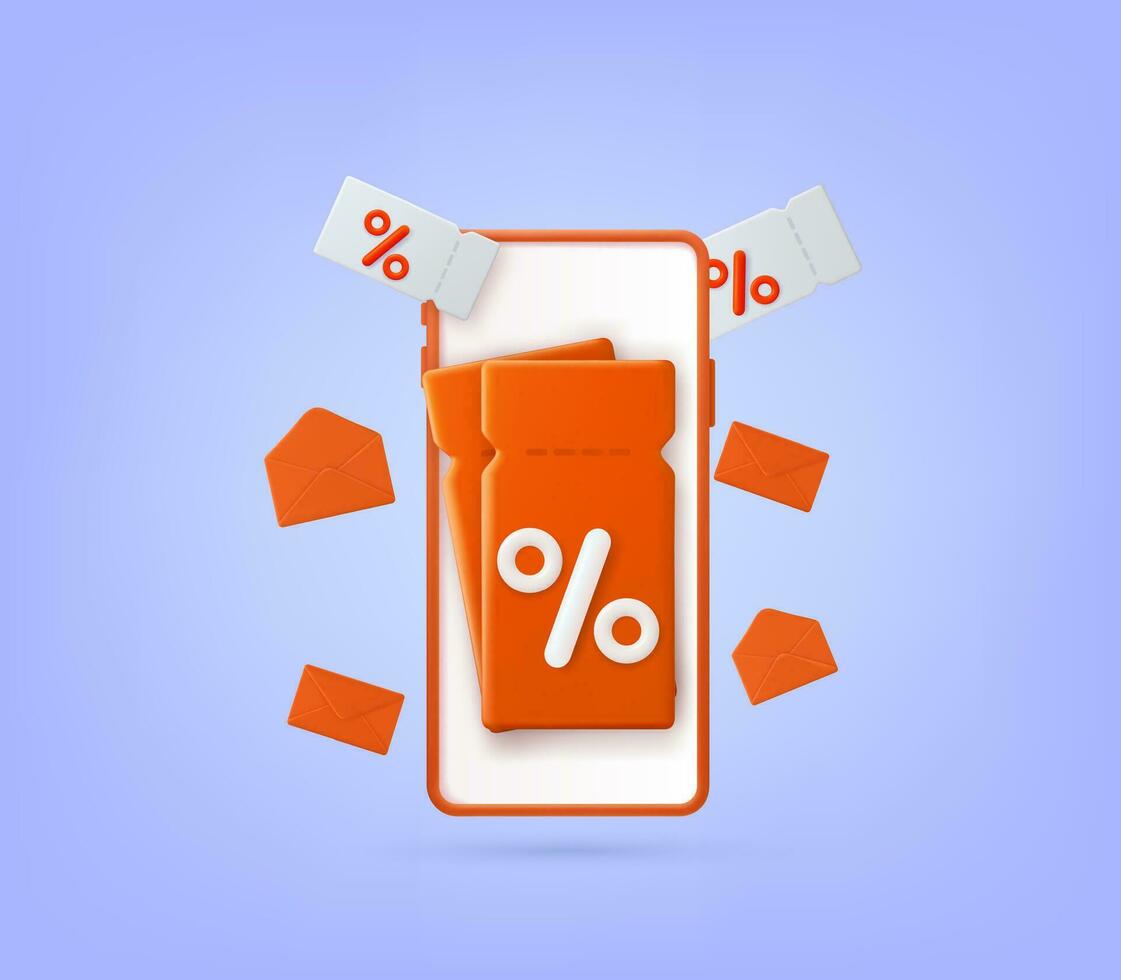 3D render smartphone with floating envelopes and coupon. Phone with discount. Store special offers advertisement. Markdown program, loyalty program, promotional mix metaphors. Vector illustration