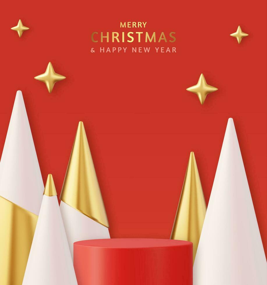 3d Christmas and New Year round podium studio with cone trees. Creative holiday template. Xmas winter composition. Banner and web poster. 3d rendering. Vector illustration