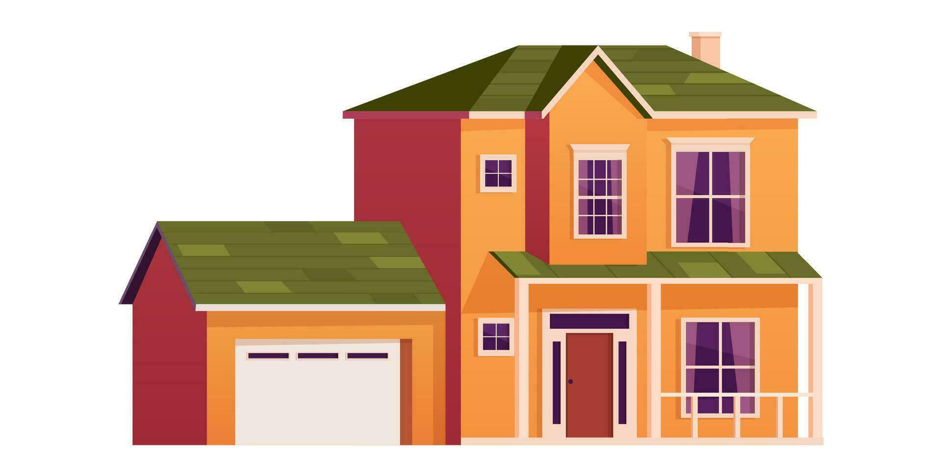 cute cartoon house. Two storey dwelling place with garage. Townhouse building. Home facade with door and windows. Vector illustration in flat style