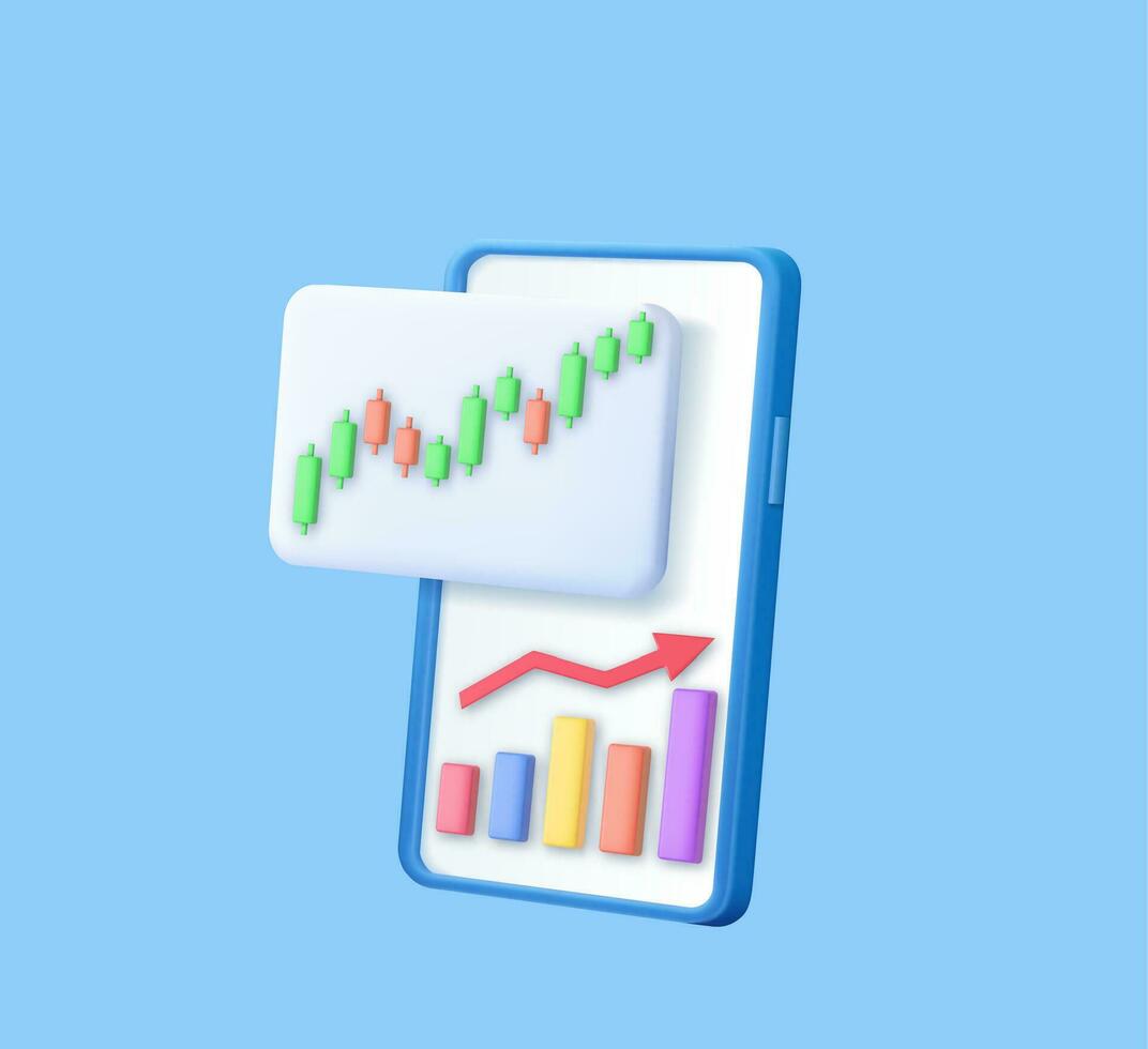 3d vela palo grafico gráfico de en línea valores mercado comercio con móvil teléfono. inversión comercio valores mercado. 3d representación. vector ilustración