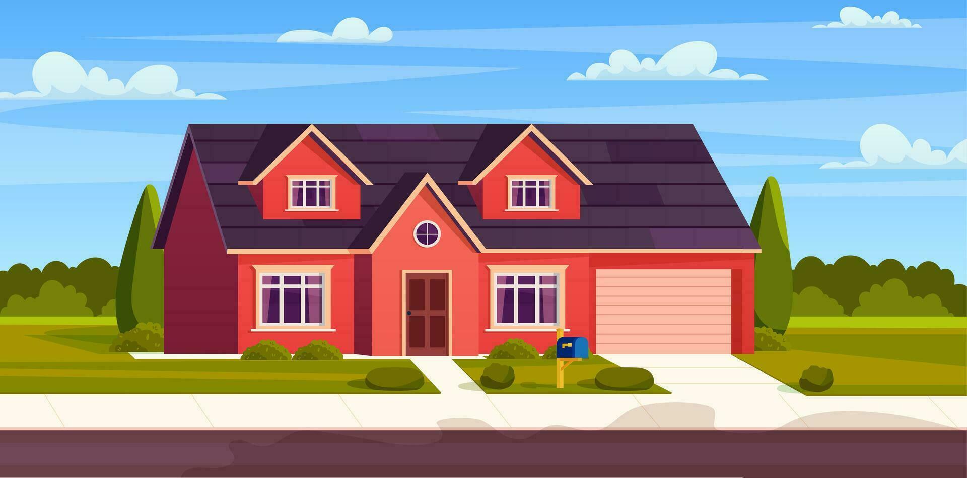 Suburban house, residential cottage, real estate countryside building exterior. Suburban home facade with garden and lawn and garage. Vector illustration in flat style