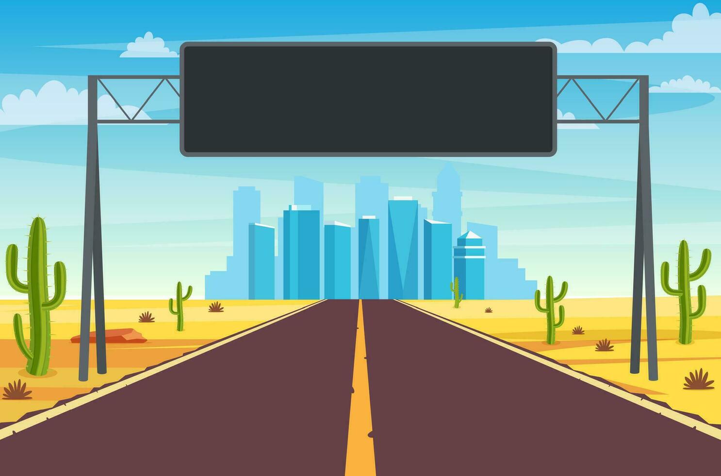 Empty highway road in desert leading to a big city. Sandy desert landscape with road, rocks and cactuses. road to city with information dashboard. Vector illustration in flat style