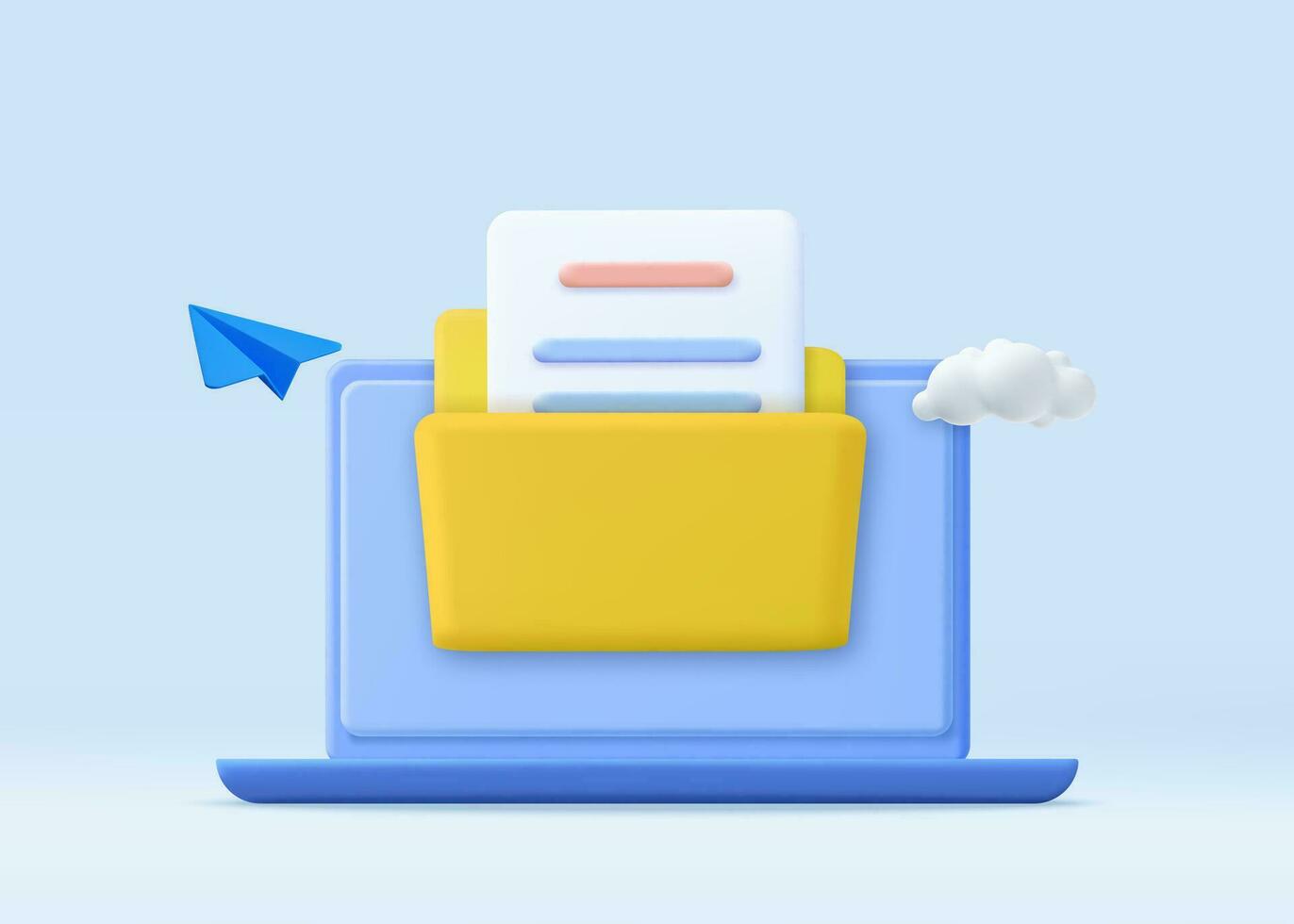 3d File transfer concept. Yellow folder with document on computer monitor. minimal design folder with files, paper icon. File management concept. 3d rendering. Vector illustration