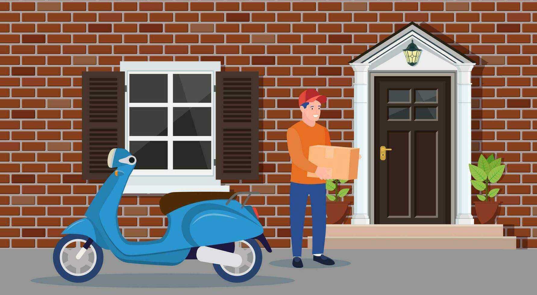 Man left cardboard boxes with goods near house facade. Courier character holds parcel. Carton delivery packaging closed box. Free and fast shipping. Vector illustration in flat style