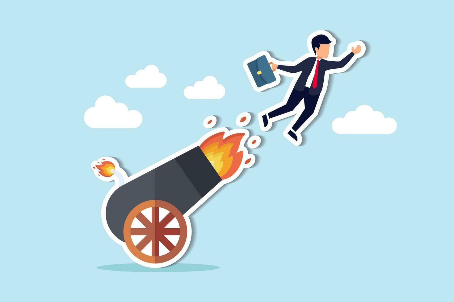 Career boost or job promoted, productivity or advancement in work concept, businessman shot from explosive cannon boosting high to achieve business success. vector