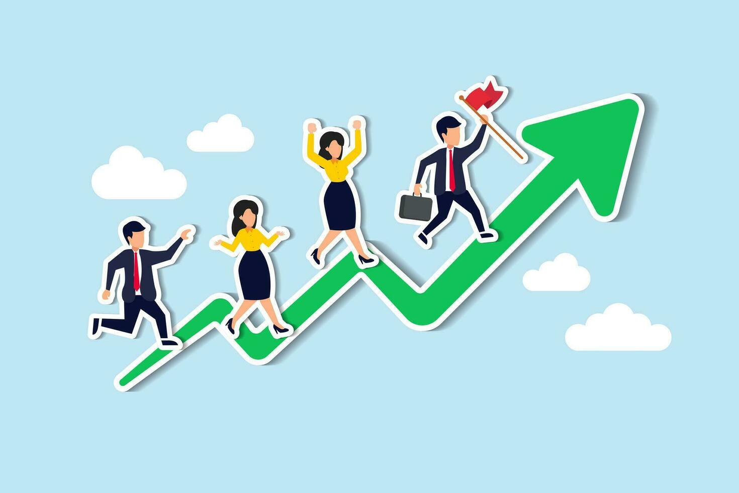 Business growth, growing to success, career development or progress on rising up arrow, team motivation or strategy to reach target concept, business people employee running on growth rising up arrow. vector