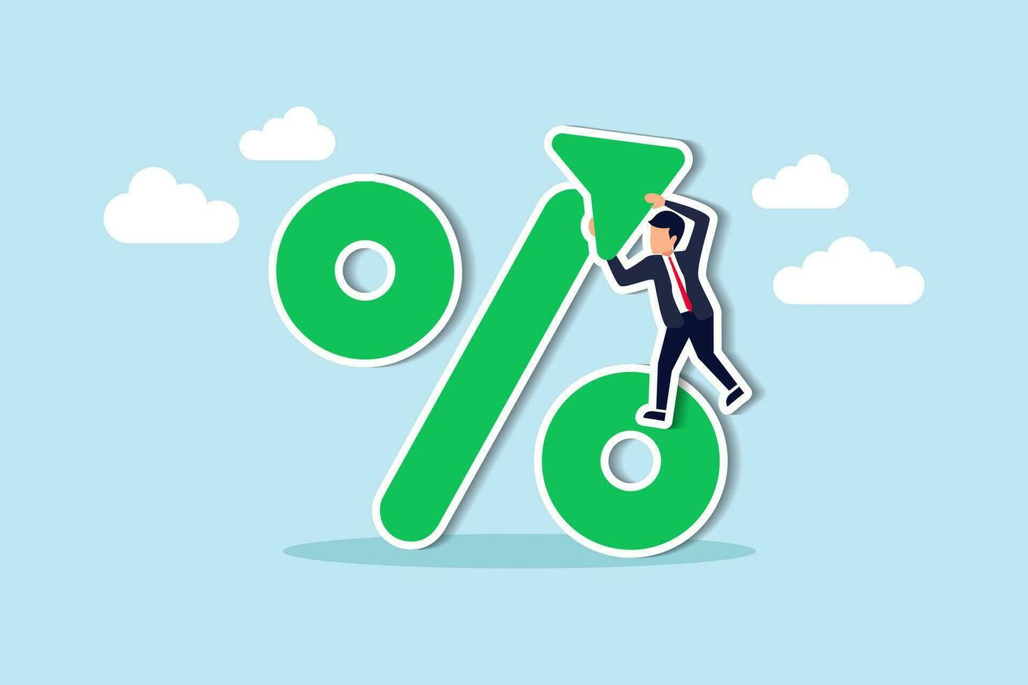 Interest rate, tax or VAT increase, loan and mortgage rate upward trend, investment profit or dividend rising up concept, businessman banker, FED or government put upward arrow on percentage symbol. vector