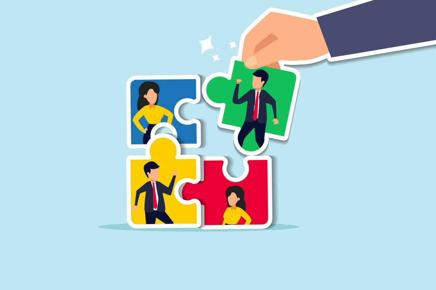 New joiner to fill in team and solve problem, teamwork to get solution, put right man in the right job to fit job description concept, businessman hand HR put new joiner to connect jigsaw puzzle. vector