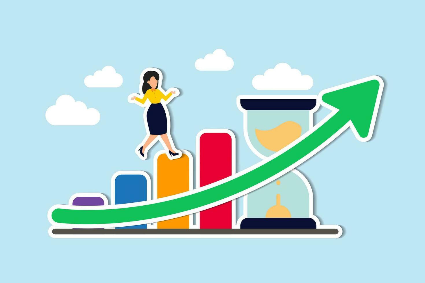 Time value of money, long term investment, compound growth or success growing business, make profit or investment gain concept, woman walk up growth rising up graph with sandglass metaphor of time. vector