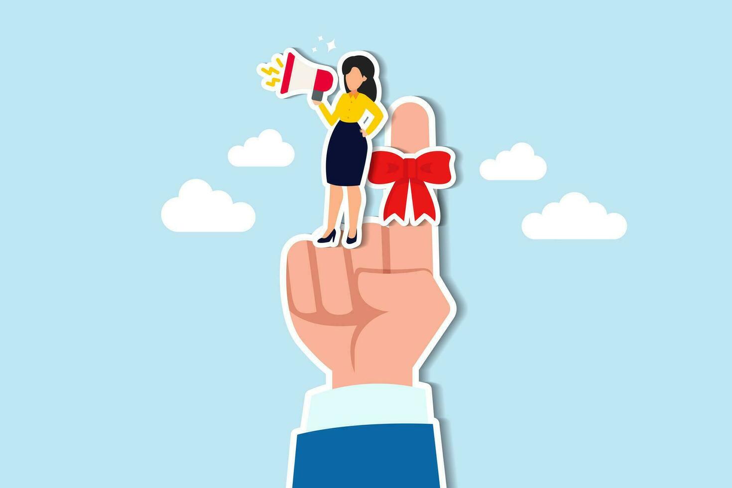 Finger string reminder, don't forget to remember, assistance or secretary to remind important event concept, businesswoman assistance tie red string on boss finger and use megaphone to remind him. vector