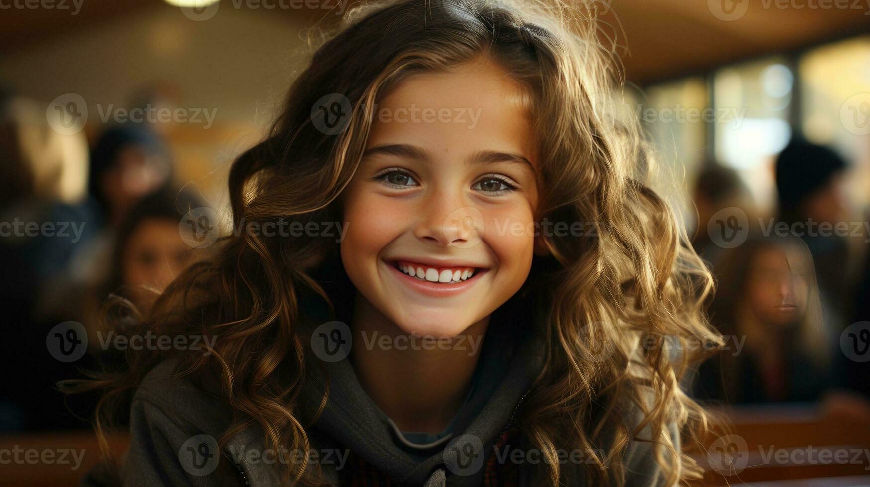 AI generated Happy smiling joyful girl schoolgirl at her desk at school photo