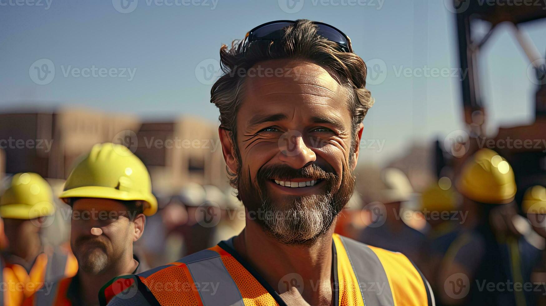 AI generated Male worker in orange vest uniform at work on an industrial construction site photo