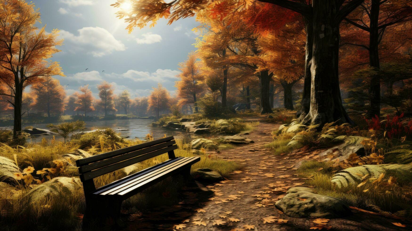 AI generated Wooden bench in the forest in the park in autumn photo