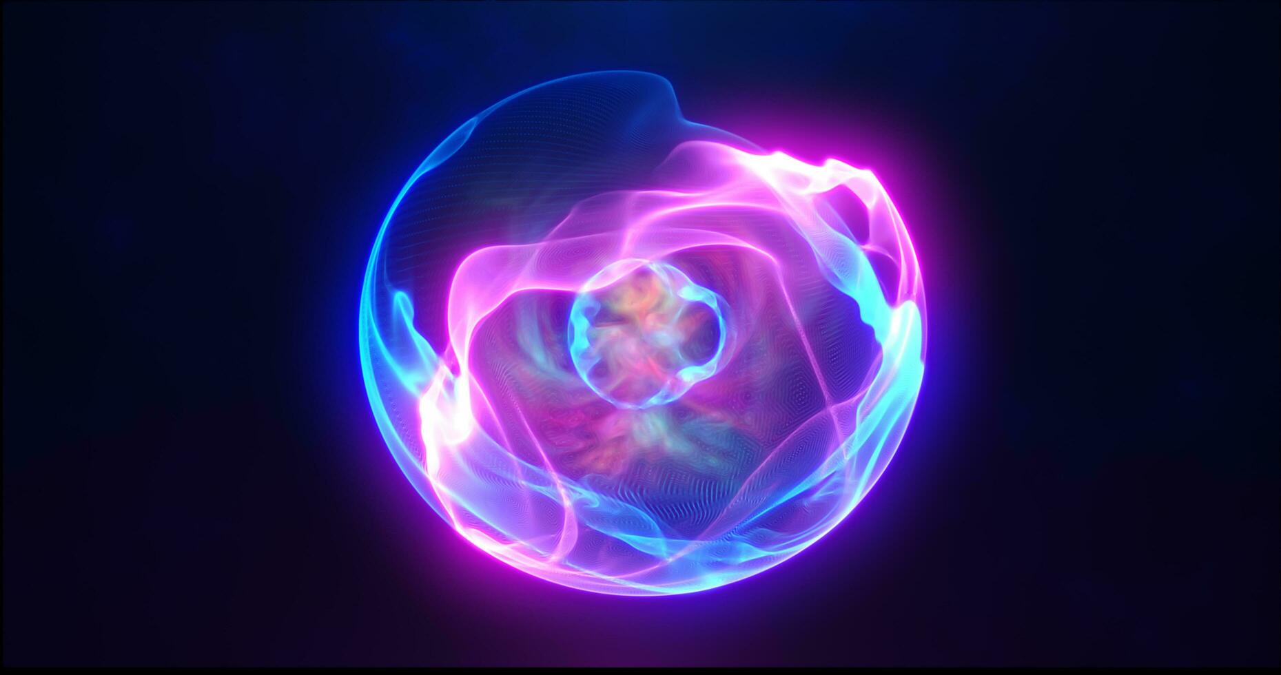 Blue purple energy sphere with glowing bright particles, atom with electrons and elektric magic field scientific futuristic hi-tech abstract background photo