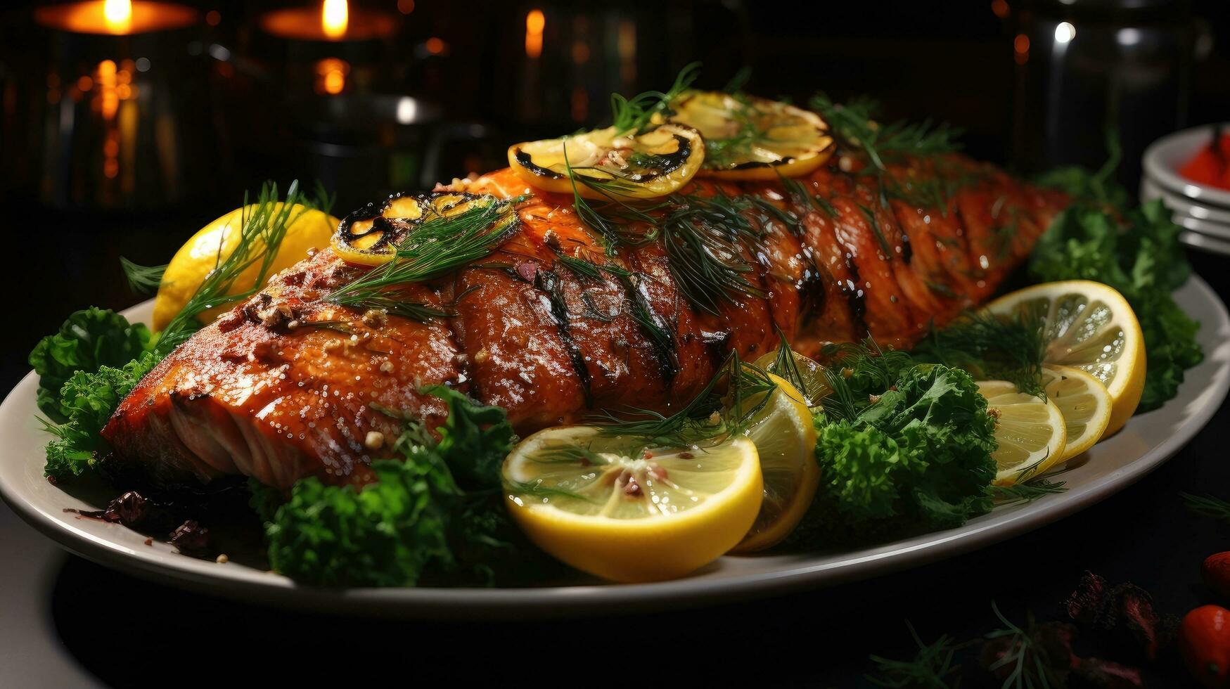 AI generated Delicious fried baked salmon fish with lemons photo