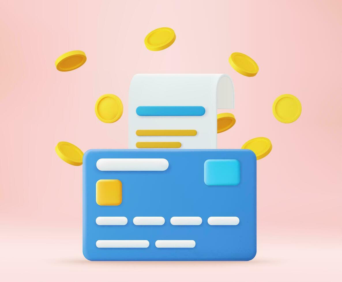 3d Receipt, Invoice, bill icon. 3D bill payment with credit card and financial security for online shopping, online payment credit card 3D with payment protection concept. Vector illustration