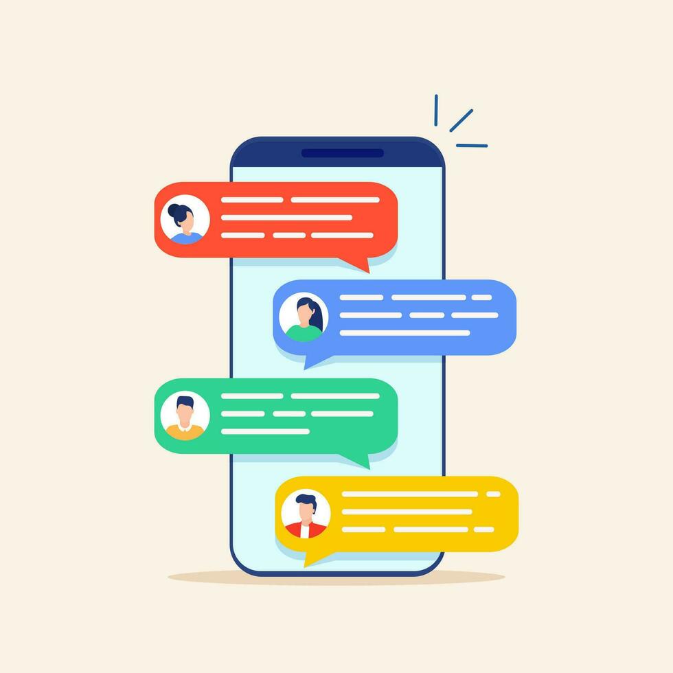 Online chat messages text notification on mobile phone. cartoon smartphone sms speech bubbles push alerts on screen, digital or electronic chatting on cellphone. Vector illustration in flat style