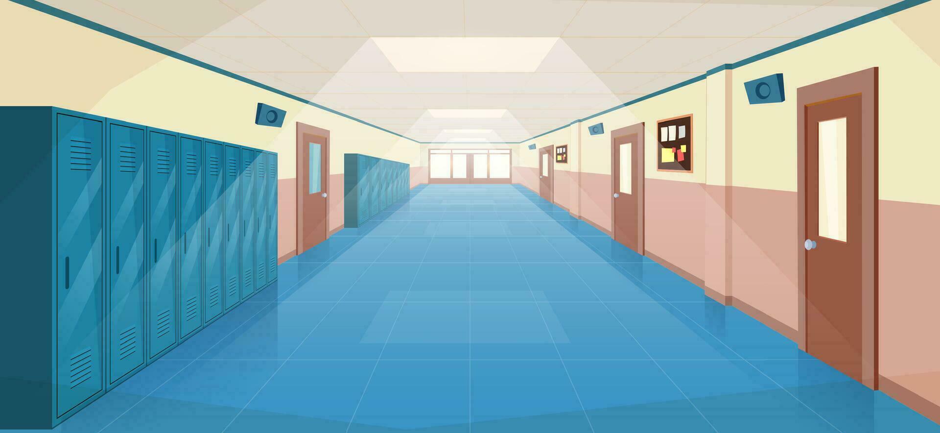 colegio pasillo interior con Entrada puertas, casilleros y boletín tablero en pared. vacío corredor en colega, Universidad con cerrado aulas puertas vector ilustración en un plano estilo