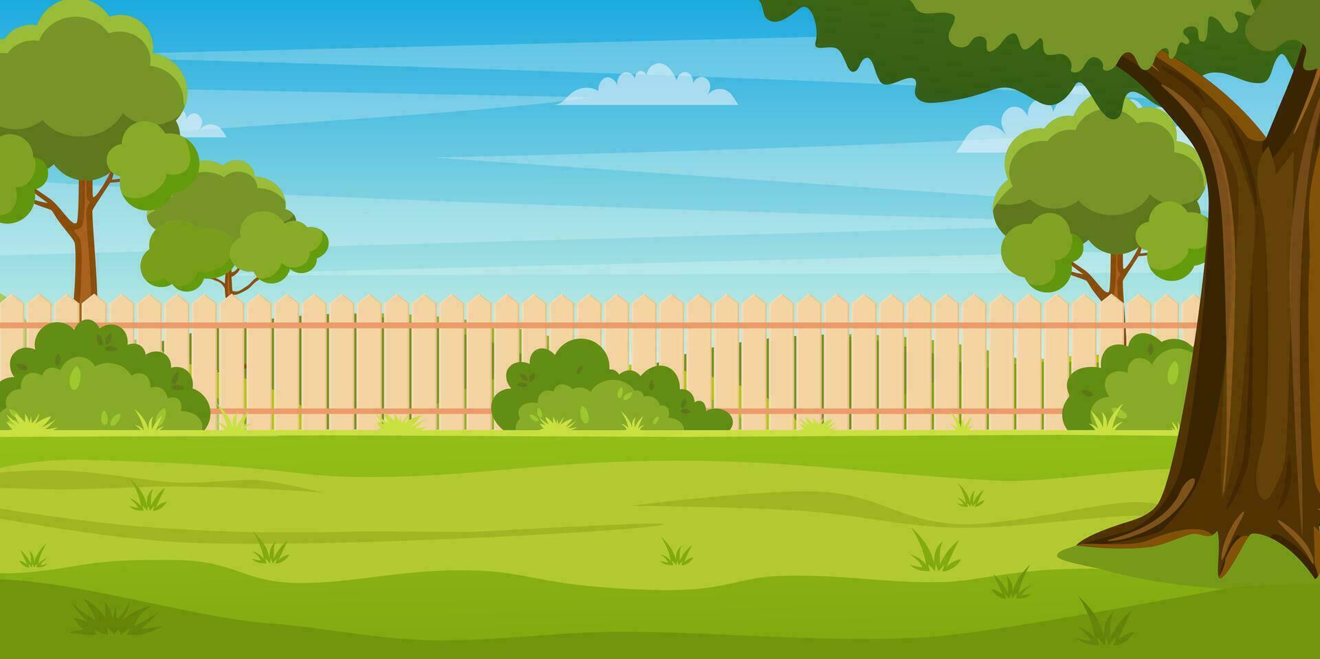 Garden backyard with wooden fence hedge, green trees and bushes, grass , park plants. Spring or summer landscape. Patio area for BBQ summer parties. Vector illustration in flat style