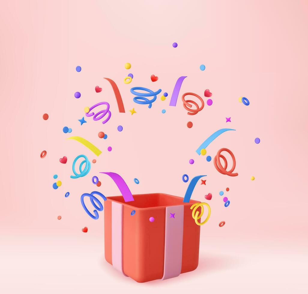 3d Cute Surprise Gift Box With Falling Confetti. Present box as prize concept. Christmas and New Year s surprise. Present box for birthday. 3d rendering. Vector illustration