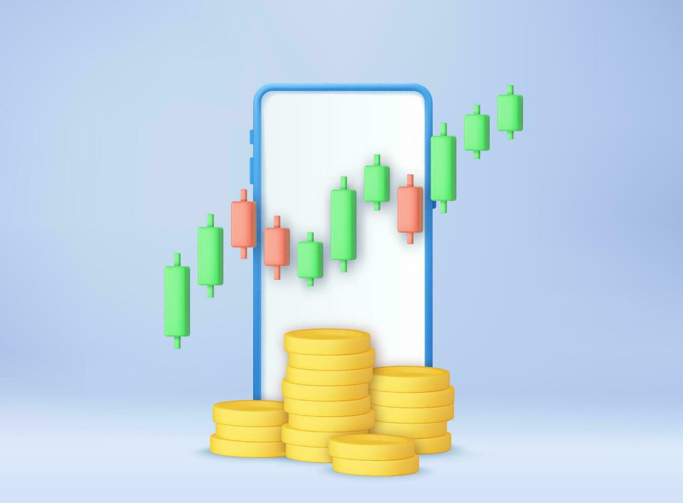 3D stock online trading with smartphone and money coin vector