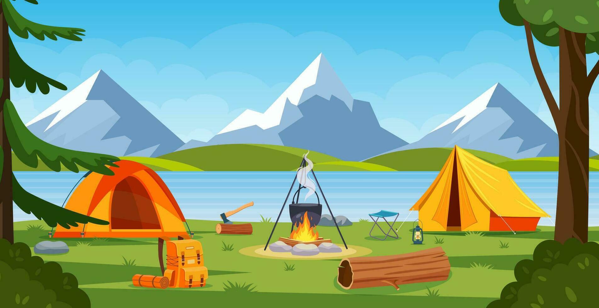 Summer camp in forest with bonfire, tent, backpack and lantern. cartoon landscape with mountain, forest and campsite. Equipment for travel, hiking. Vector illustration in flat style