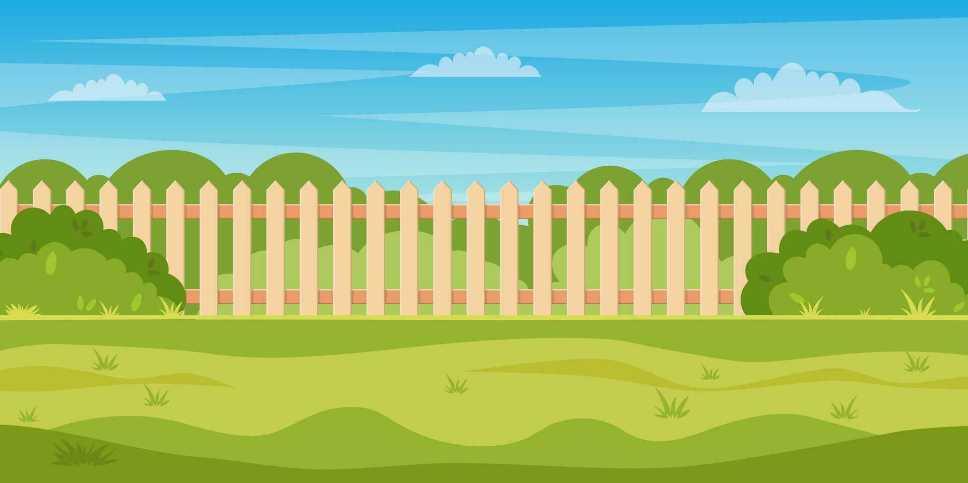 Garden backyard with wooden fence hedge, green trees and bushes, grass , park plants. Spring or summer landscape. Patio area for BBQ summer parties. Vector illustration in flat style