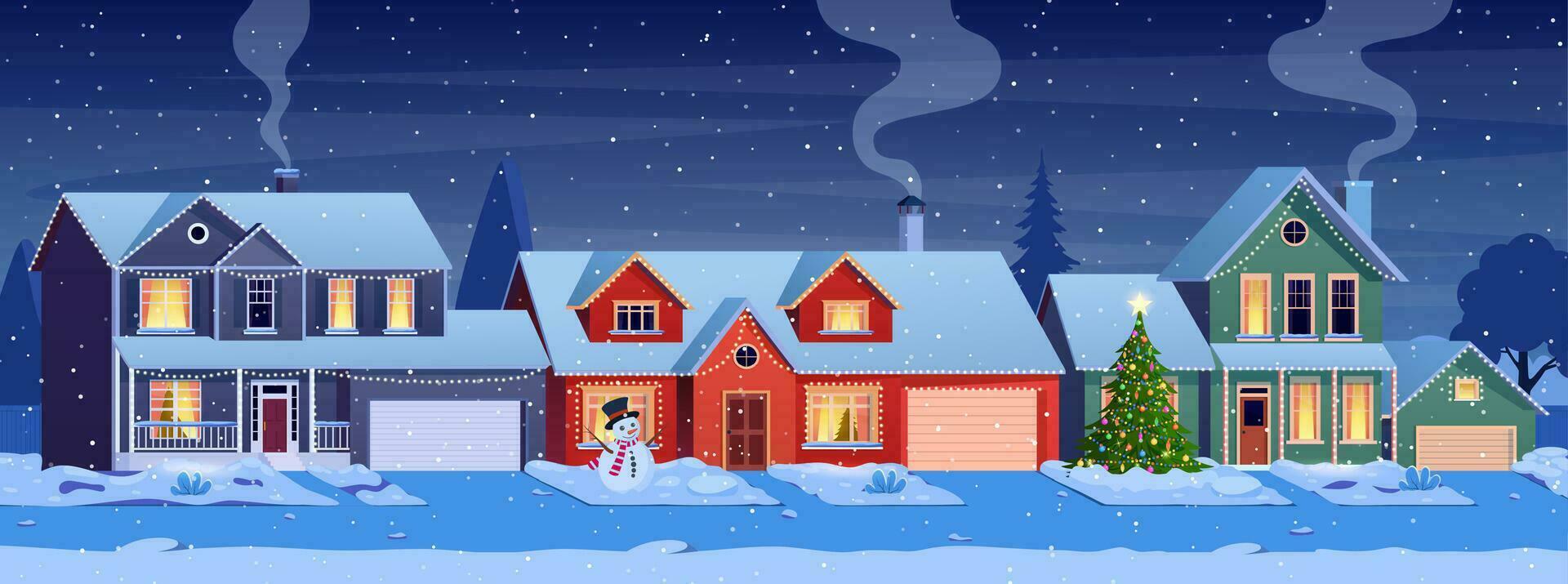 Residential houses with christmas decoration at night. cartoon winter landscape street with snow on roofs and holiday garlands, christmas tree, snowman. Vector illustration