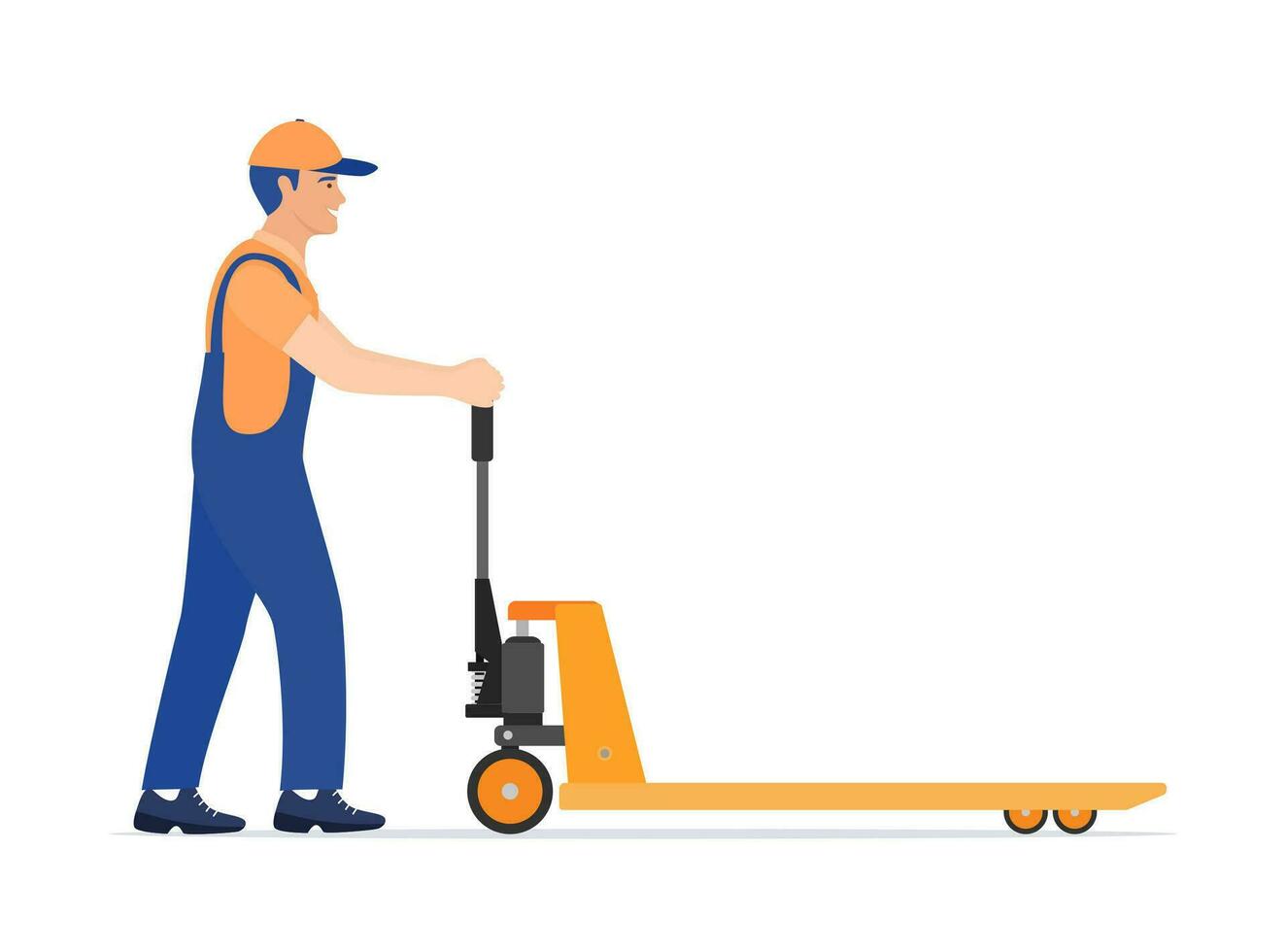 Man with hand pallet jack lift isolated on white. Empty hand pallet truck and male mover. Worker in uniform with cargo cart. Delivery, logistic and shipping cargo. Vector illustration in flat style