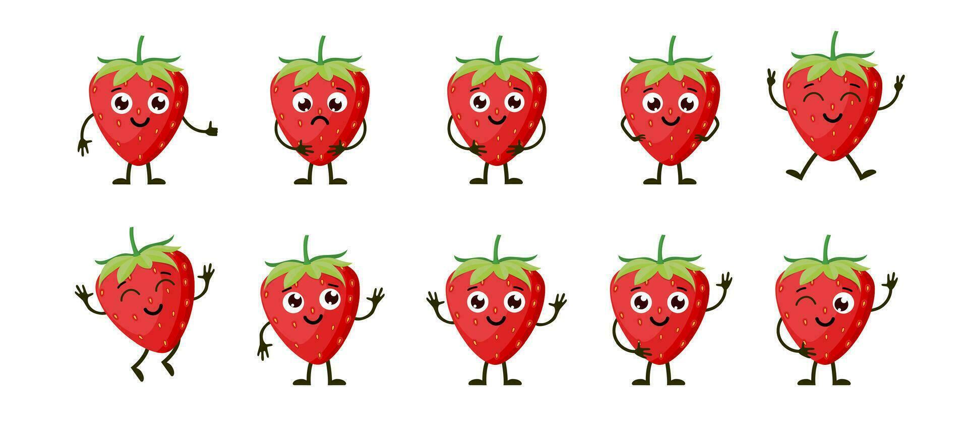Cartoon funny fruits. Happy strawberry with face. Summer fruit strawberry characters isolated on white. Vector illustration in flat style