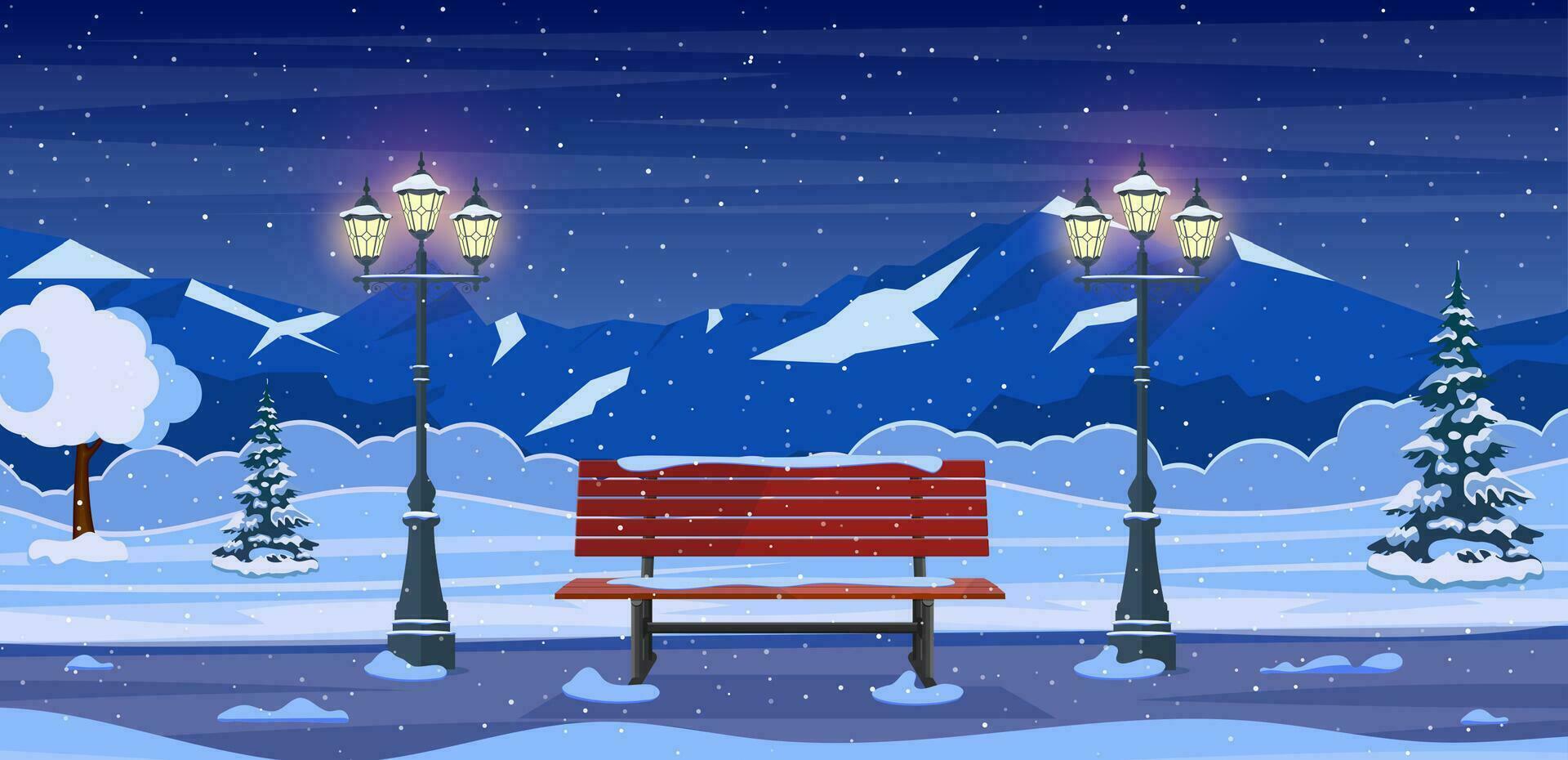 cartoon Winter city park with wooden bench, lanterns and mountain. empty public garden landscape, snow fall under dull sky. Vector illustration in flat style