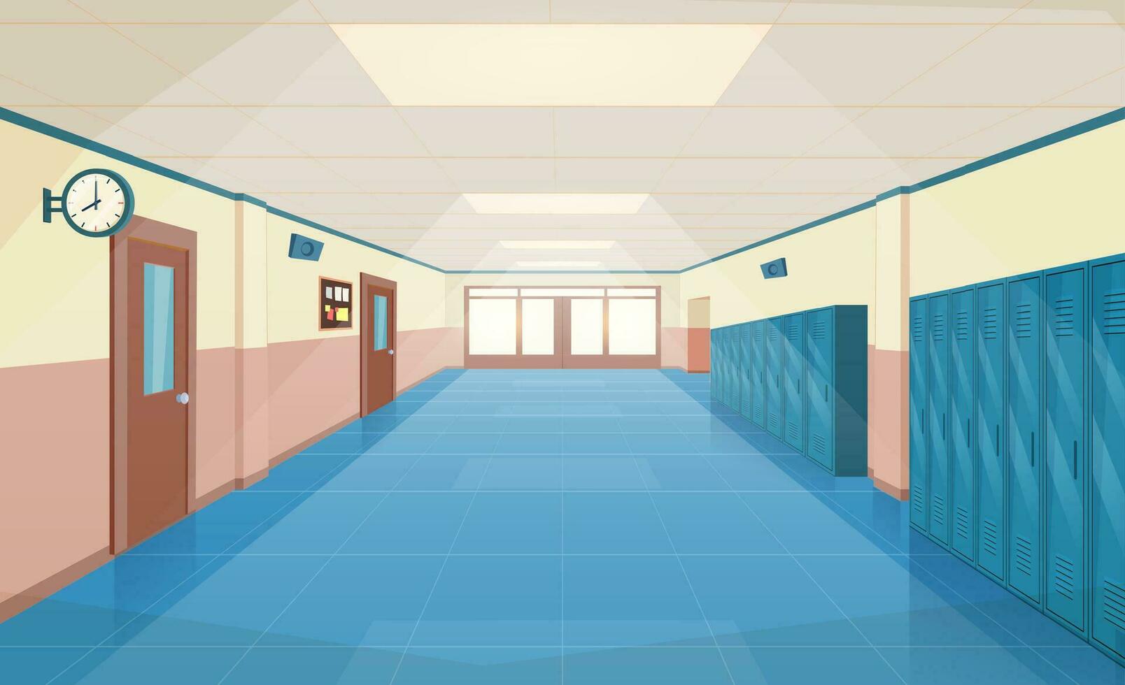 colegio pasillo interior con Entrada puertas, casilleros y boletín tablero en pared. vacío corredor en colega, Universidad con cerrado aulas puertas vector ilustración en un plano estilo