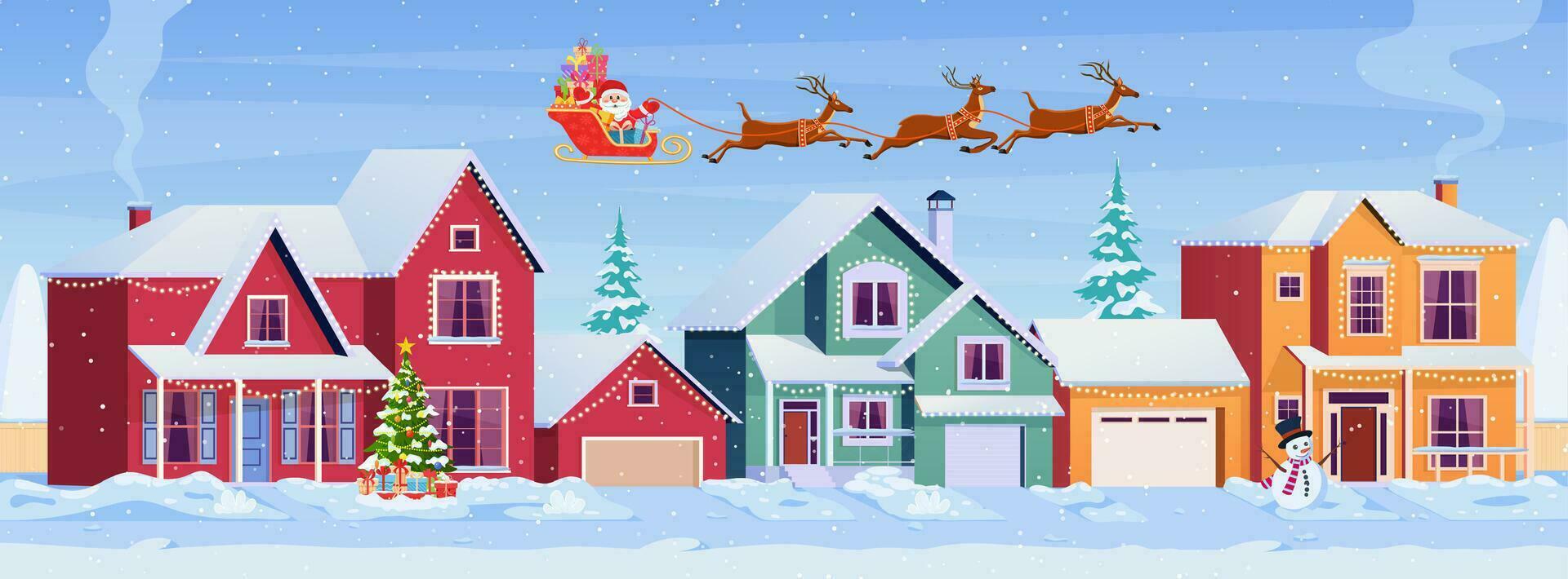 residencial casas con Navidad decoración a día. dibujos animados invierno paisaje calle con nieve en techos y fiesta guirnaldas, Navidad árbol, muñeco de nieve. Papa Noel claus con ciervos en cielo vector ilustración