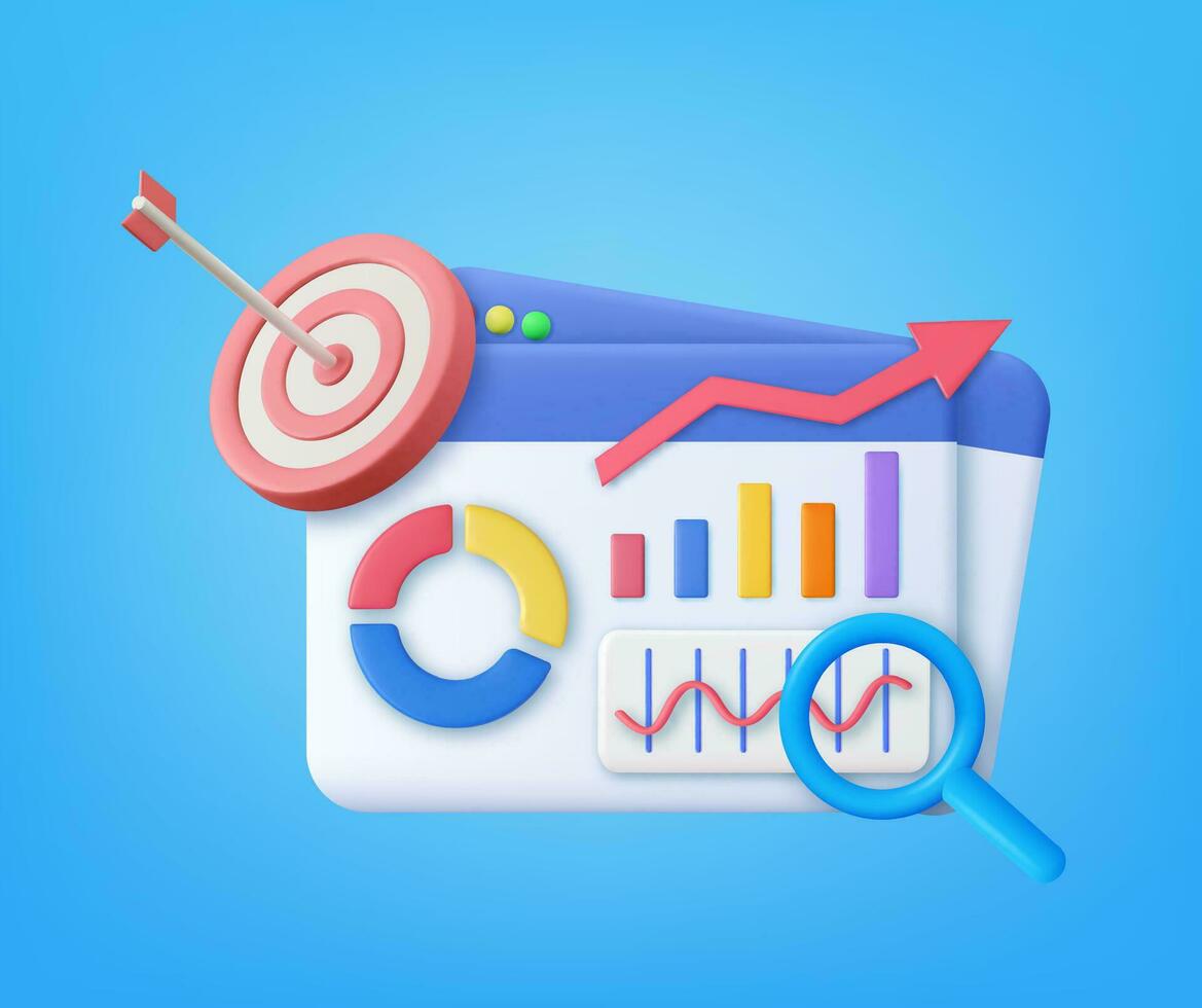 3d Online marketing, financial report chart, data analysis, and web development concept. SEO search engine optimization concept. 3d rendering. Vector illustration